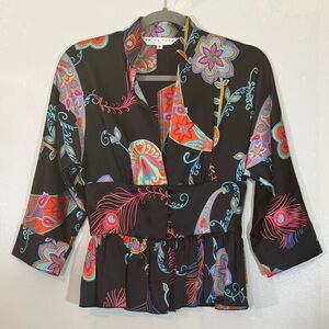 Trina Turk Black Silk Satin Plunging V-Neck Peplum Blouse